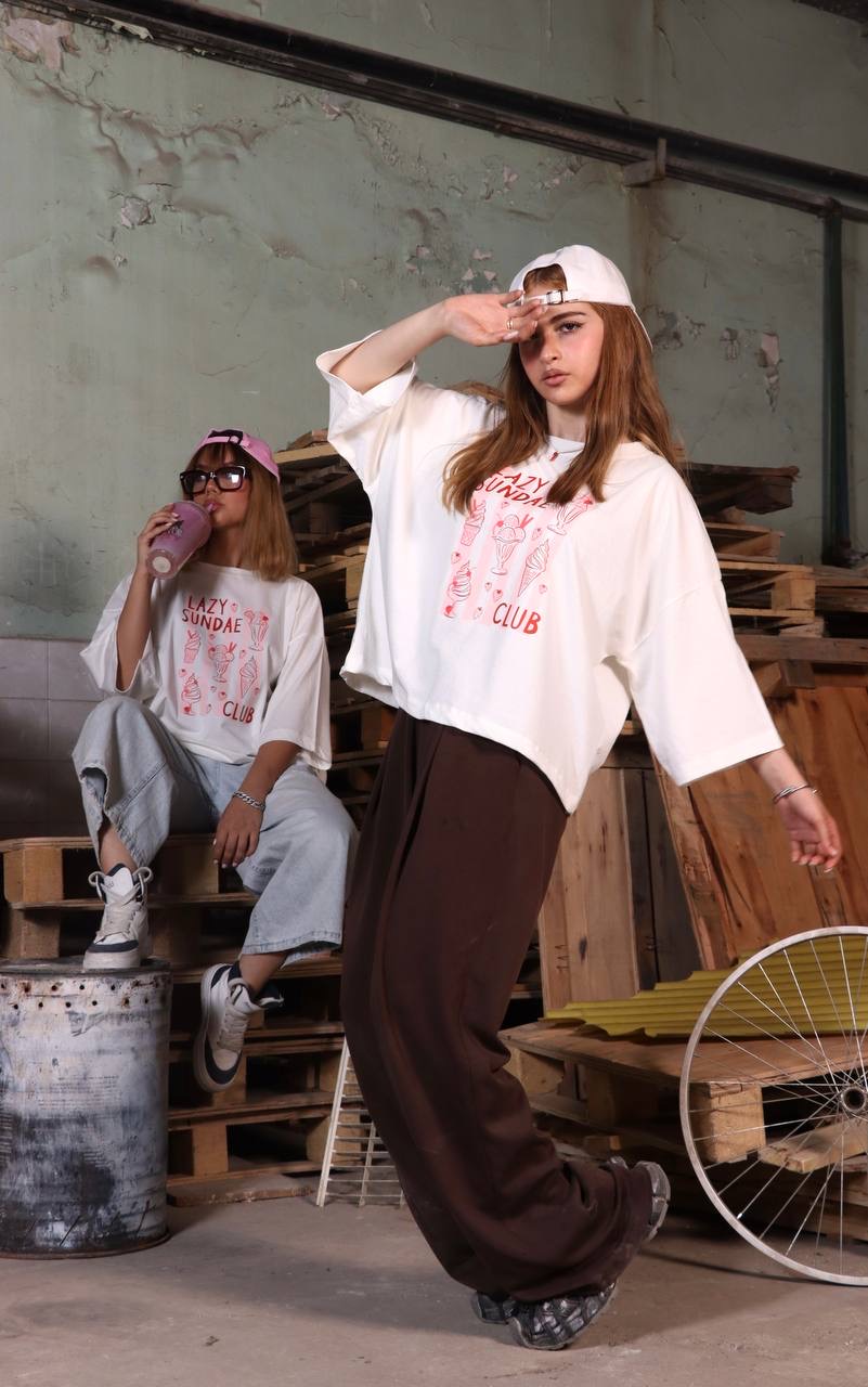 تیشرت زنانه کراپ لش طرح بستنی